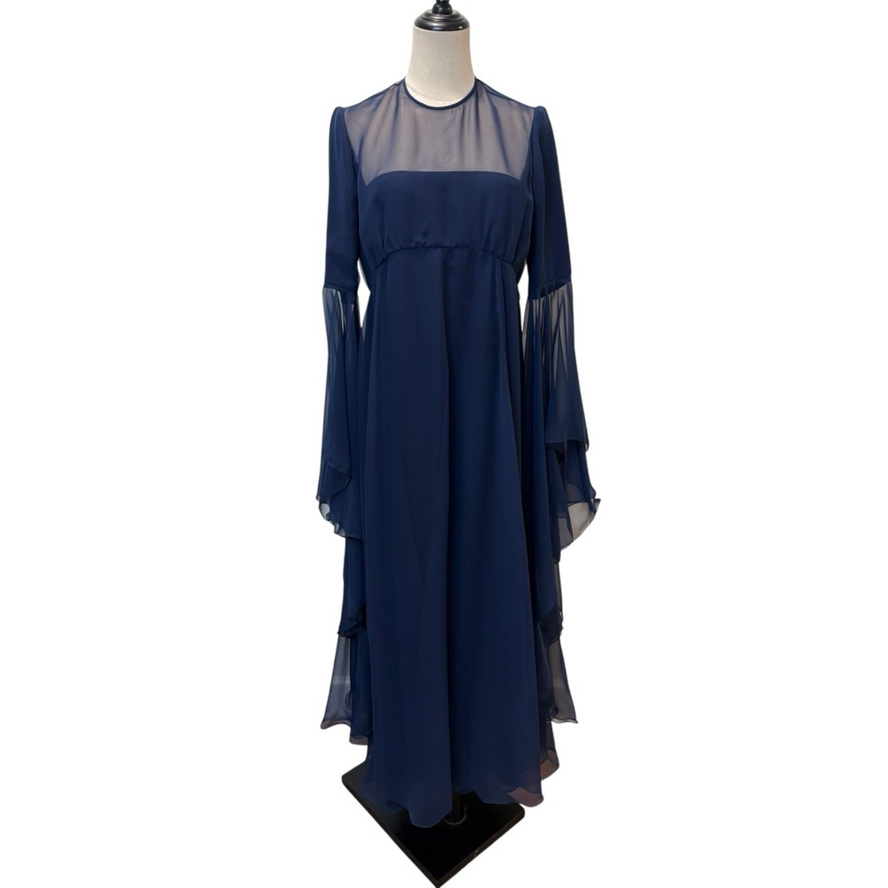 Vtg 70s Eva Gabor Estevez Navy Chiffon Maxi Dress Bell Sleeve Whimsigoth‎